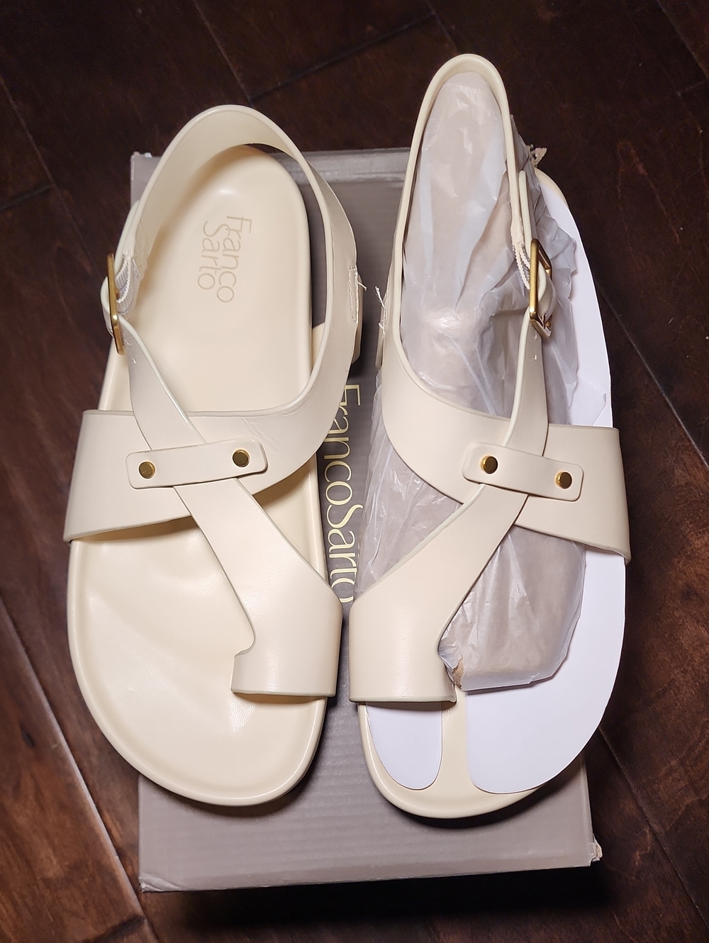 New Franco Sarto Blair Ivory Cream Leather Slingback Sandals with Gold Buckle